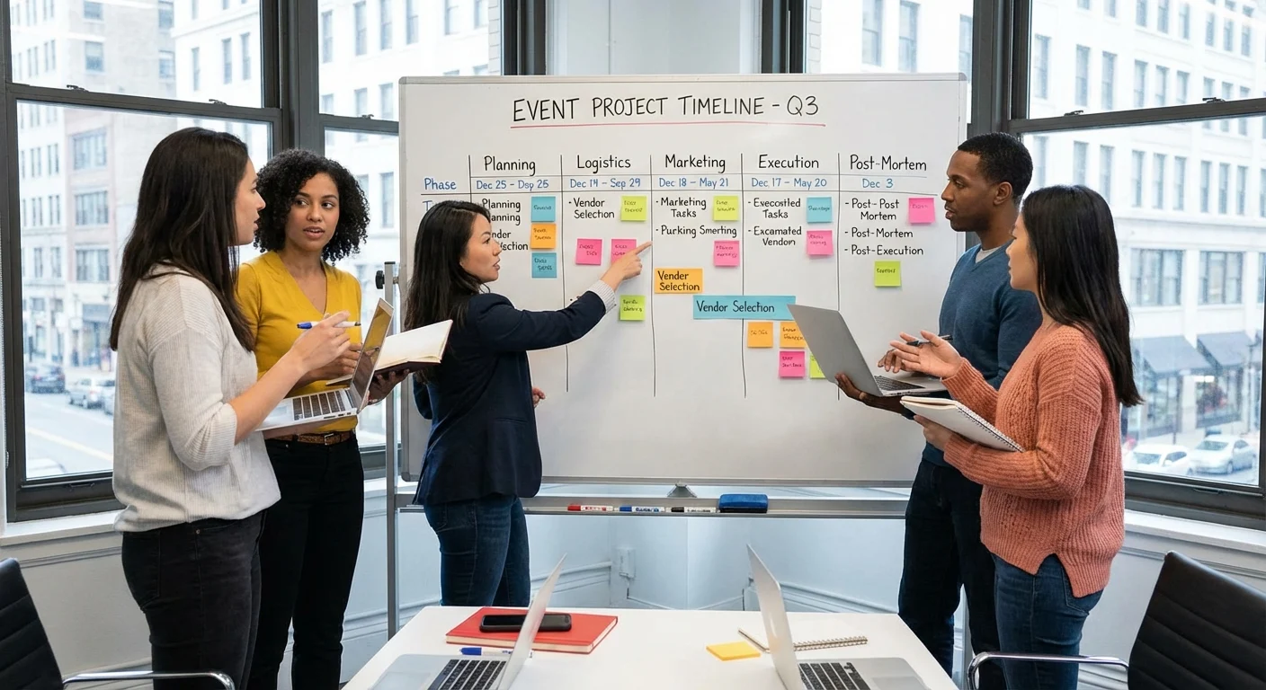 A project timeline chart being discussed by our team for an event.