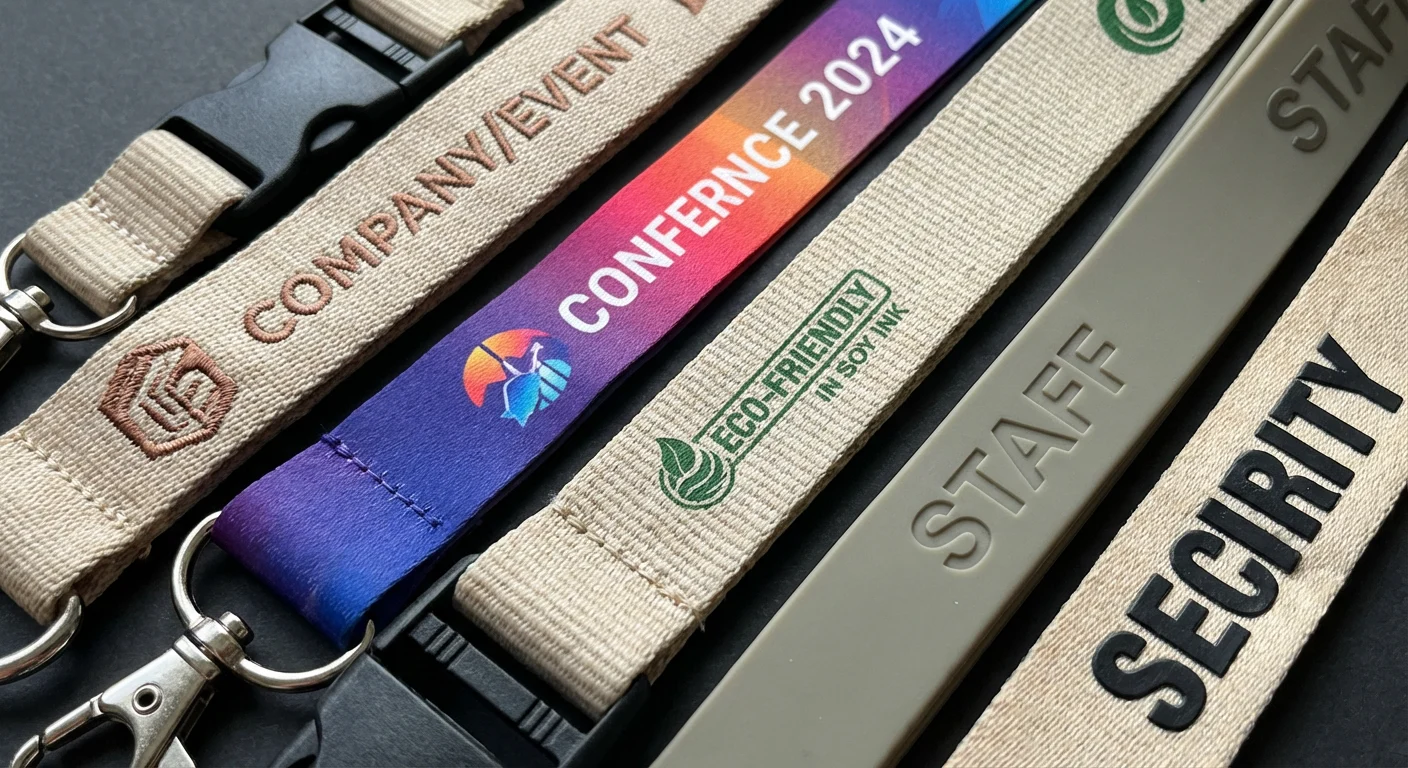 Close-up of different lanyard materials and printing techniques.