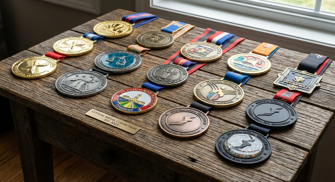 A collection of vibrant, high-quality custom medals showcasing different finishes.