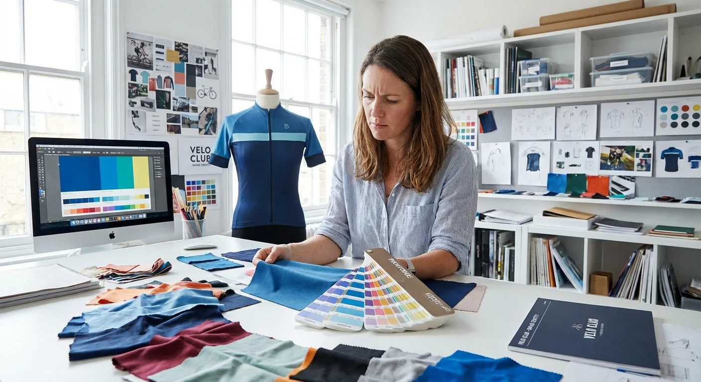 A designer reviewing colour swatches to ensure brand accuracy for a jersey.