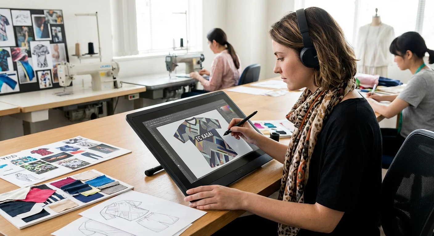 A designer using a tablet to create a unique jersey design.
