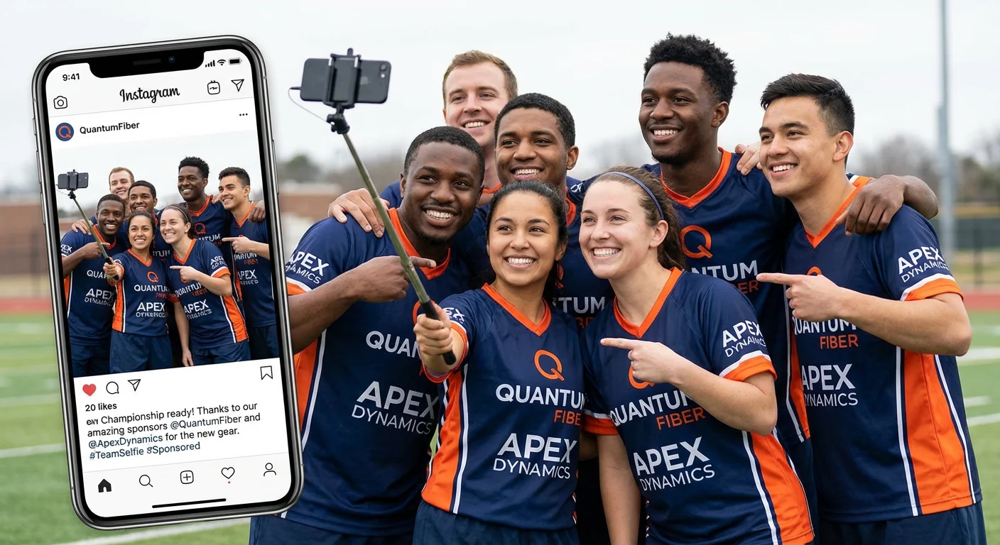 Team members taking a selfie, showcasing their jersey and sponsor logos on social media.