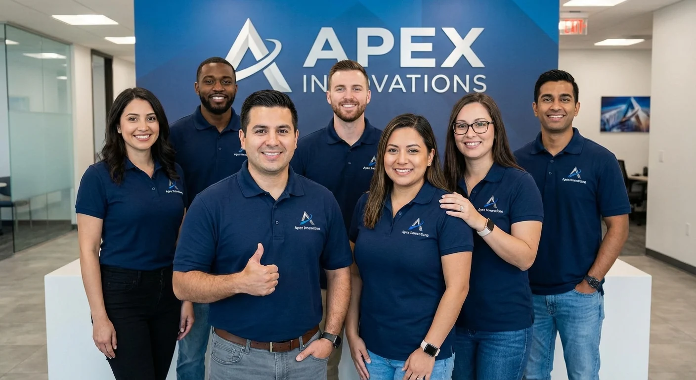 A team of professionals proudly wearing their unified custom corporate shirts.