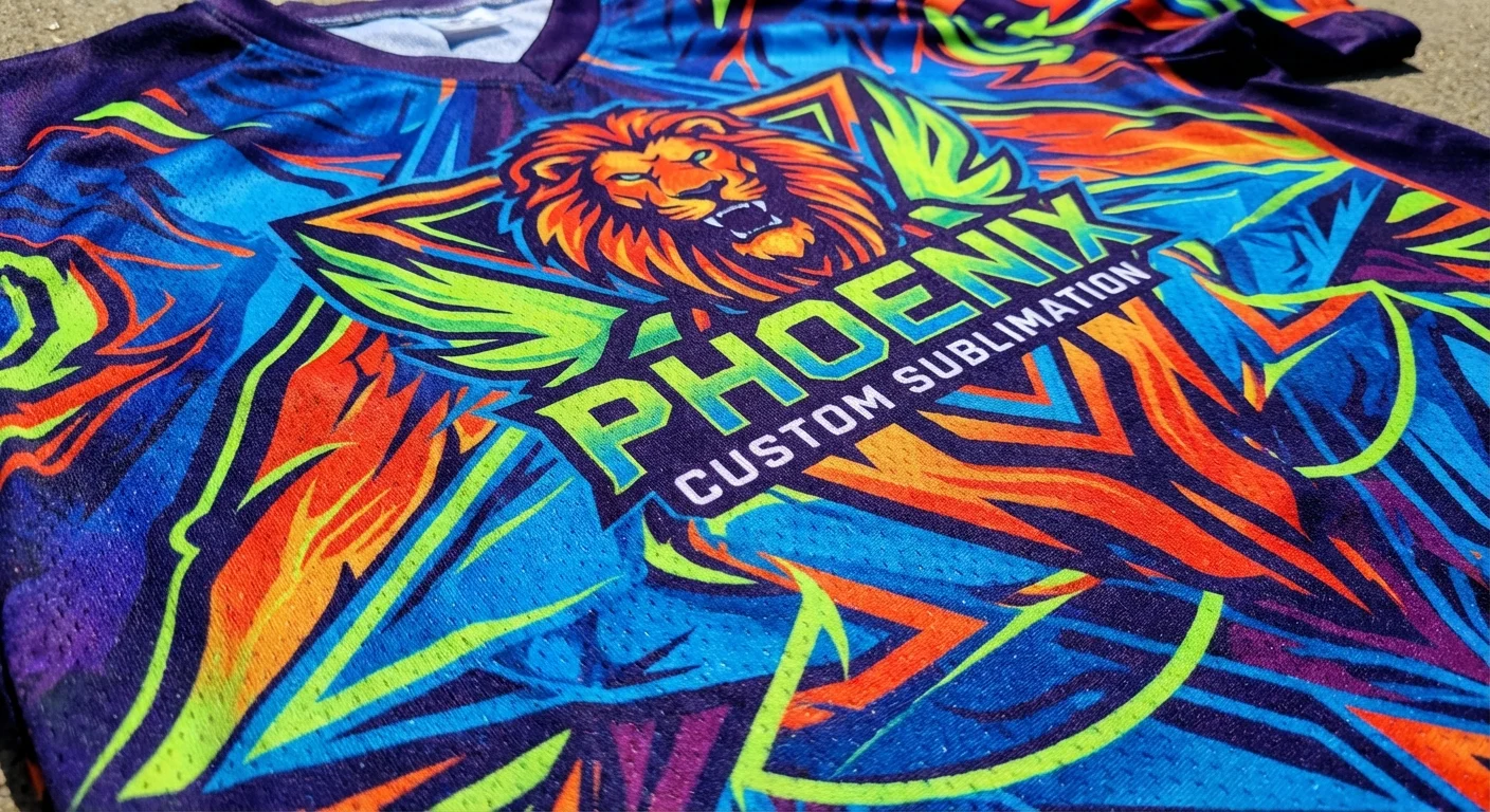 Detailed view of the vibrant colours and sharp lines on a custom sublimation jersey.