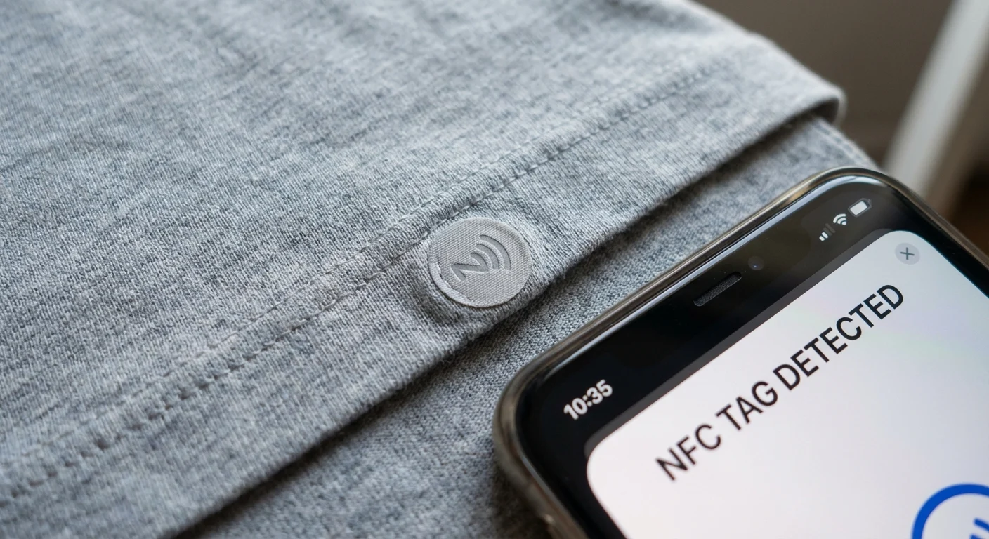 Close-up of an NFC tag seamlessly integrated into the hem of a t-shirt.