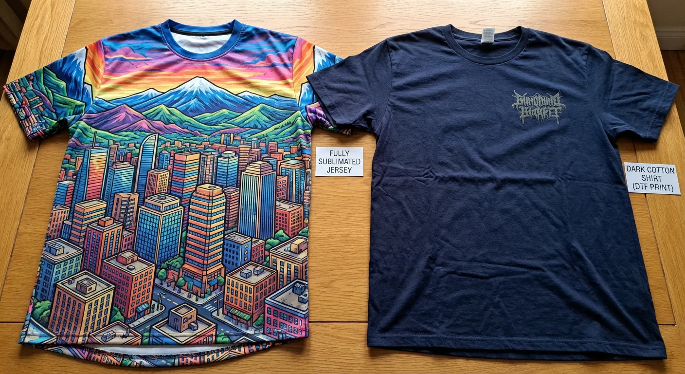 A side-by-side comparison showing a fully sublimated jersey and a dark cotton shirt with a DTF print.