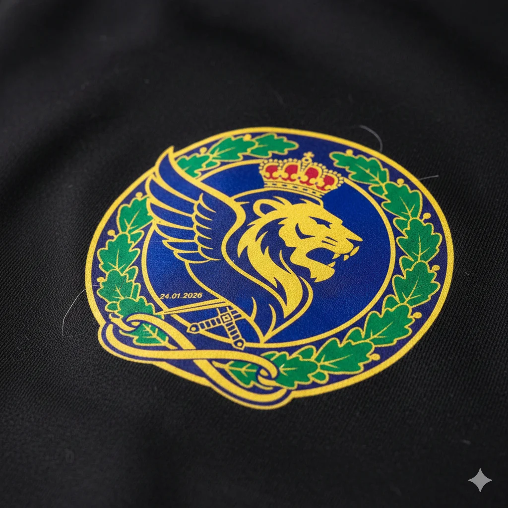 A vibrant team crest printed using the DTF method, showing sharp details and rich colours.